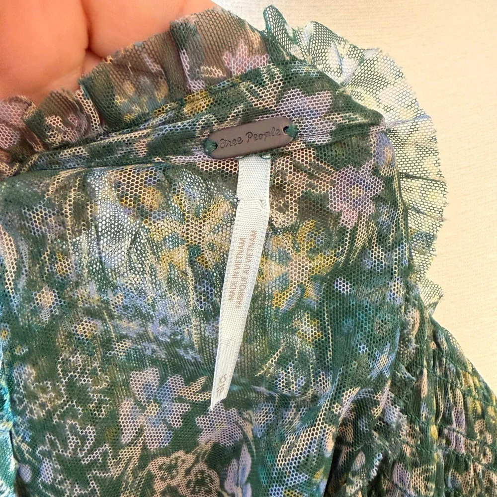 Free People Floral Mesh Crop Top Womens XS Green Boho Smocked Ruffle Blouse